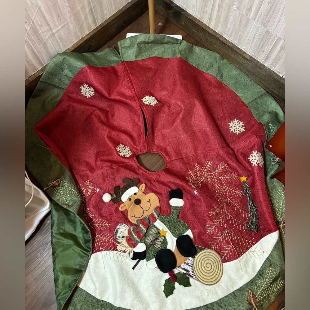 Whimsical Christmas Tree Skirt Dancing Reindeer in Red and Green